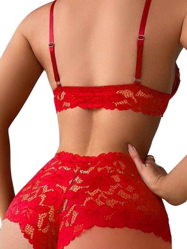 Sexy Strappy High Waist Floral Lace Pajamas Lingerie Set Outfits - Image 2