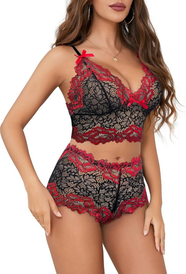 Sexy Women Lace Pajamas Lingerie Set High Waist Sheer Sleepwear Bow Ties Cami Shorts Bra and Panty - Image 2