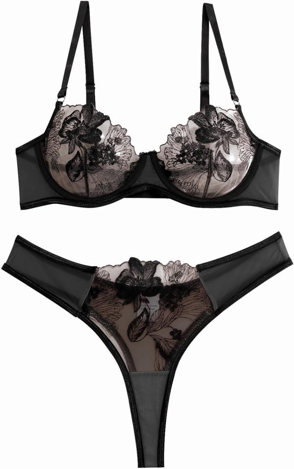 Sexy Floral Embroidered Flower Mesh Underwire Push Up Lingerie Set - Image 2
