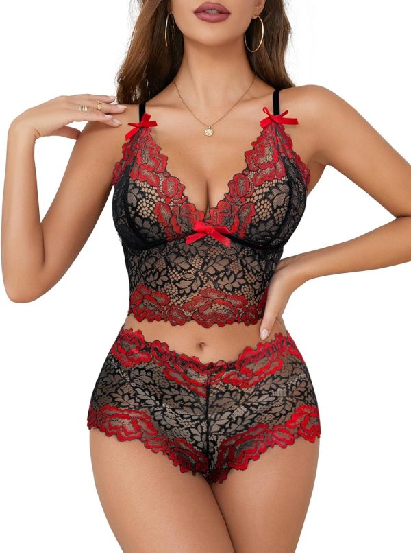 Sexy Women Lace Pajamas Lingerie Set High Waist Sheer Sleepwear Bow Ties Cami Shorts Bra and Panty