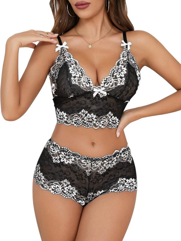 Sexy Women Lace Pajamas Lingerie Set High Waist Sheer Sleepwear Bow Ties Cami Shorts Bra and Panty